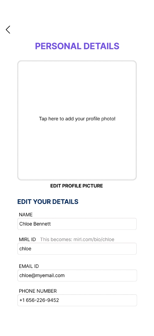 Personal Details screen showing MIRL ID as chloe