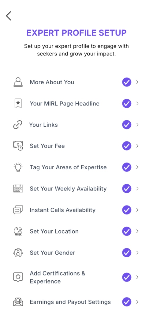Expert Profile Setup checklist in MIRL